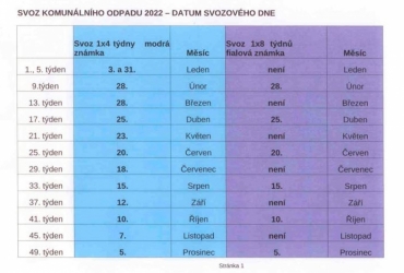 Svozový kalendář 2022 - datumy svozových dní